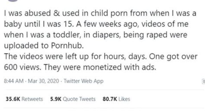 Child abuse victim says Pornhub profited from her child rape