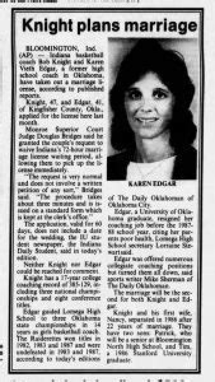 Karen Vieth Edgar, Bob Knight's wife